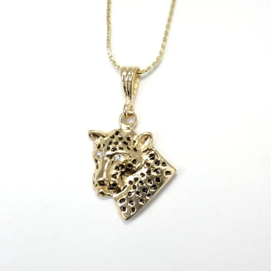 Leopard Head Necklace Facing Sideways with Diamond Eyes 14kt Gold