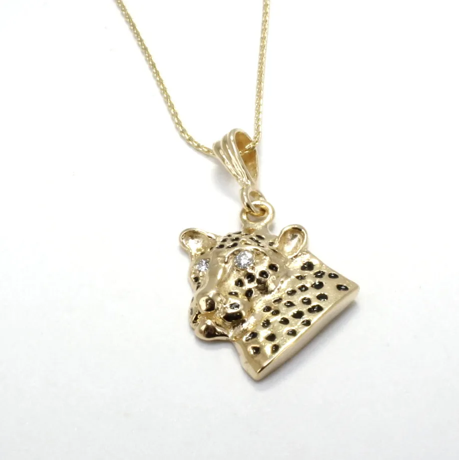 Leopard Head Necklace Facing Sideways with Diamond Eyes 14kt Gold