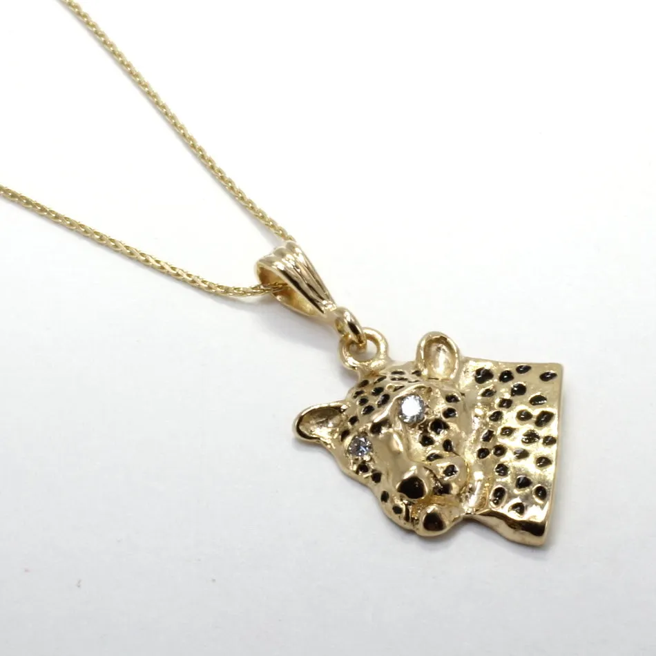 Leopard Head Necklace Facing Sideways with Diamond Eyes 14kt Gold