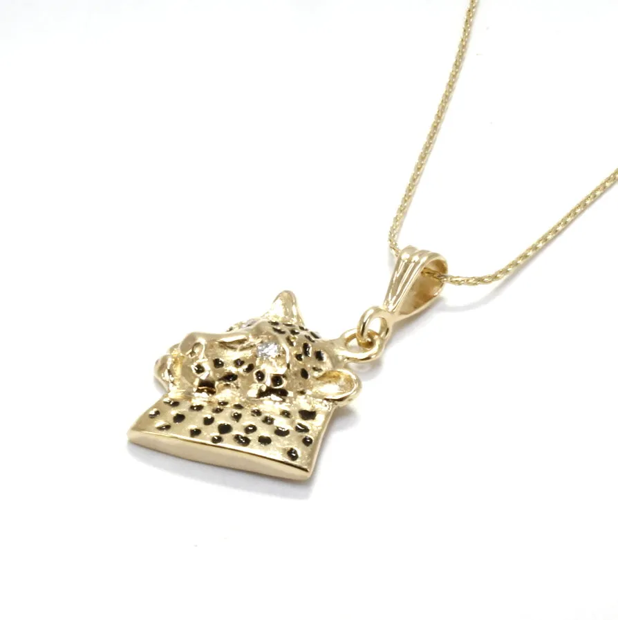 Leopard Head Necklace Facing Sideways with Diamond Eyes 14kt Gold