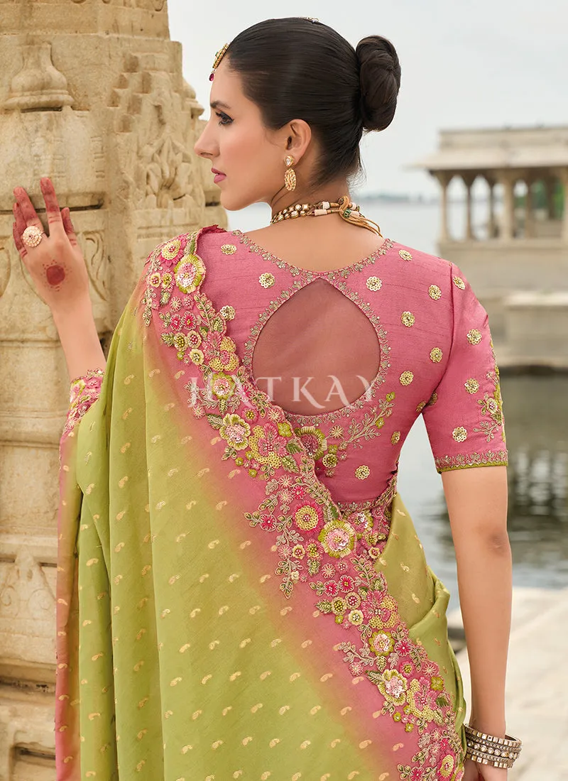 Lime Green And Pink Multi Embroidery Saree