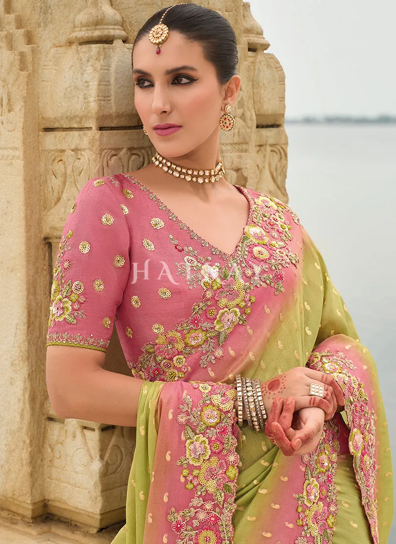 Lime Green And Pink Multi Embroidery Saree