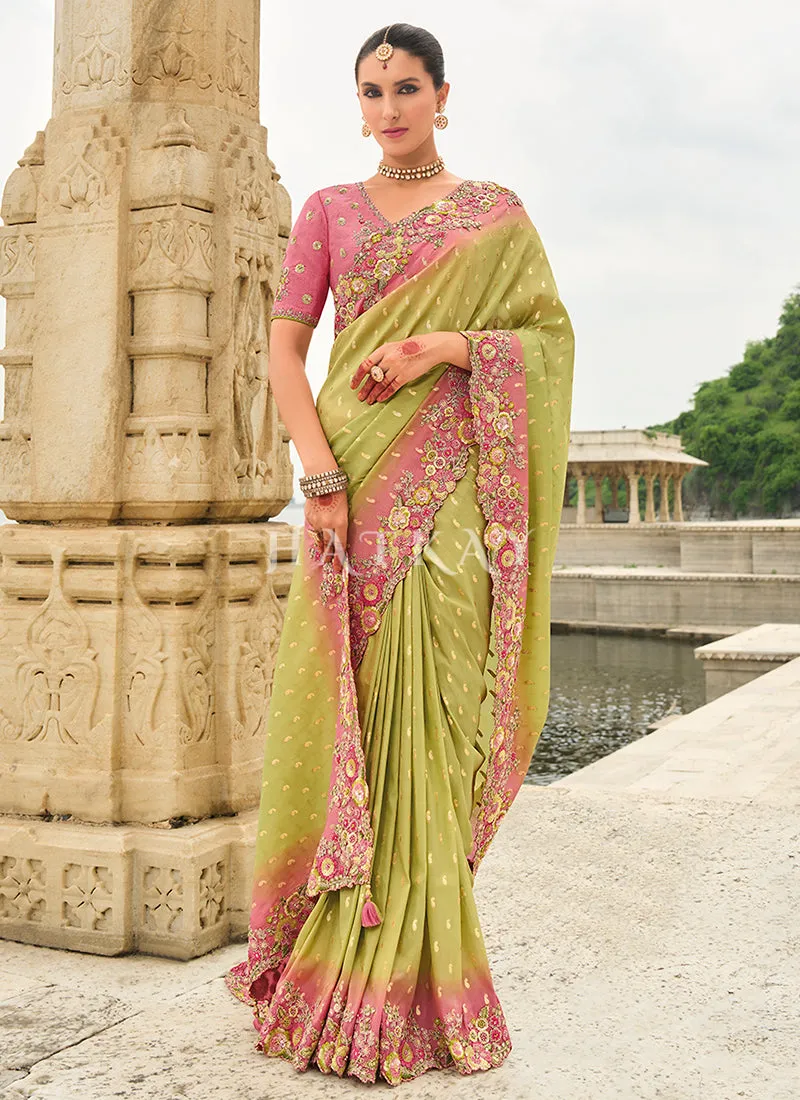 Lime Green And Pink Multi Embroidery Saree