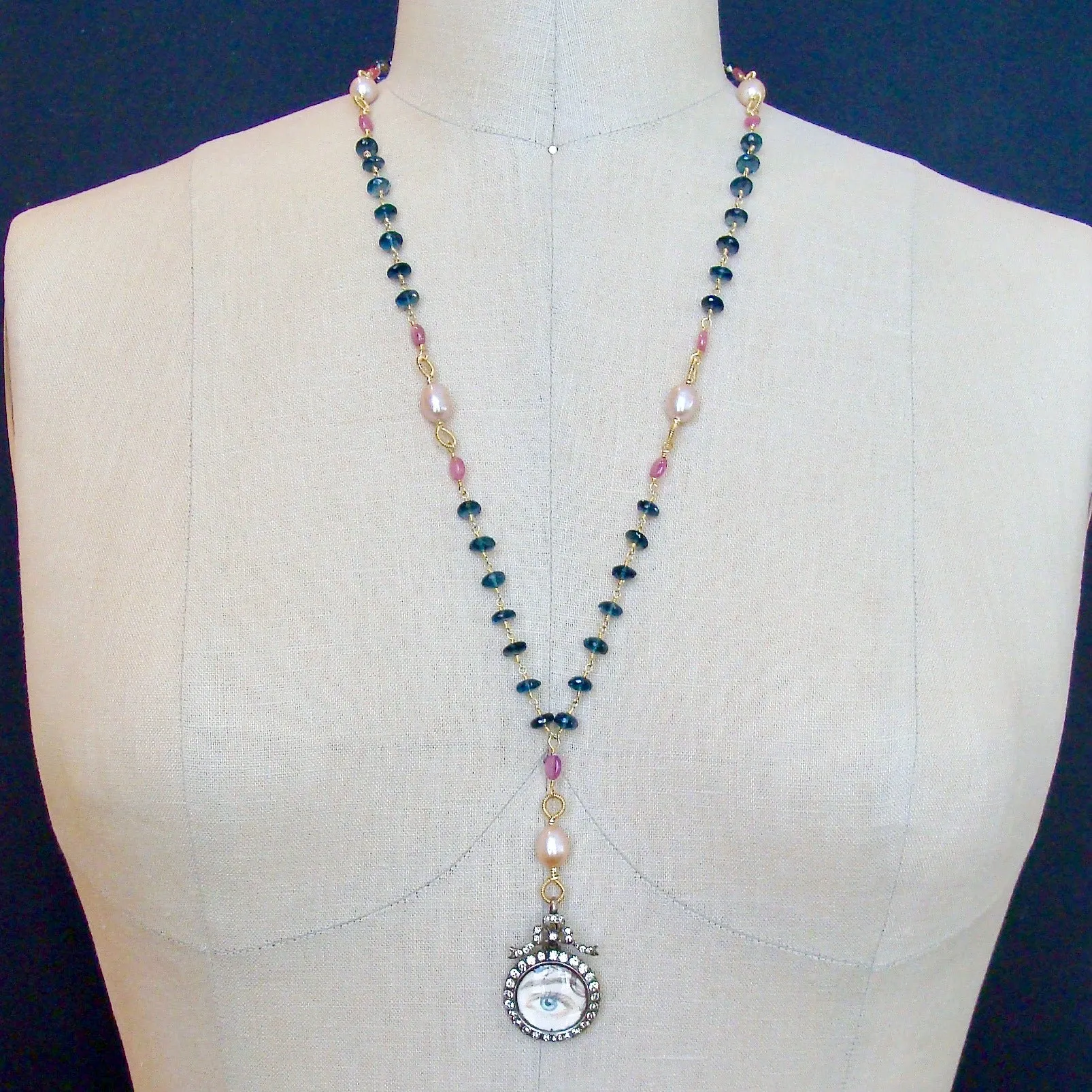 London Blue Topaz Pink Sapphire Lover’s Eye Necklace - Veronica Necklace