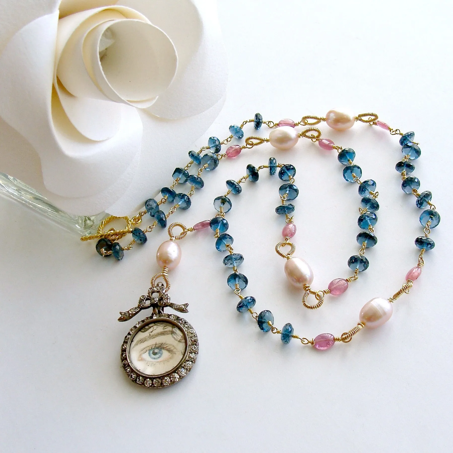 London Blue Topaz Pink Sapphire Lover’s Eye Necklace - Veronica Necklace