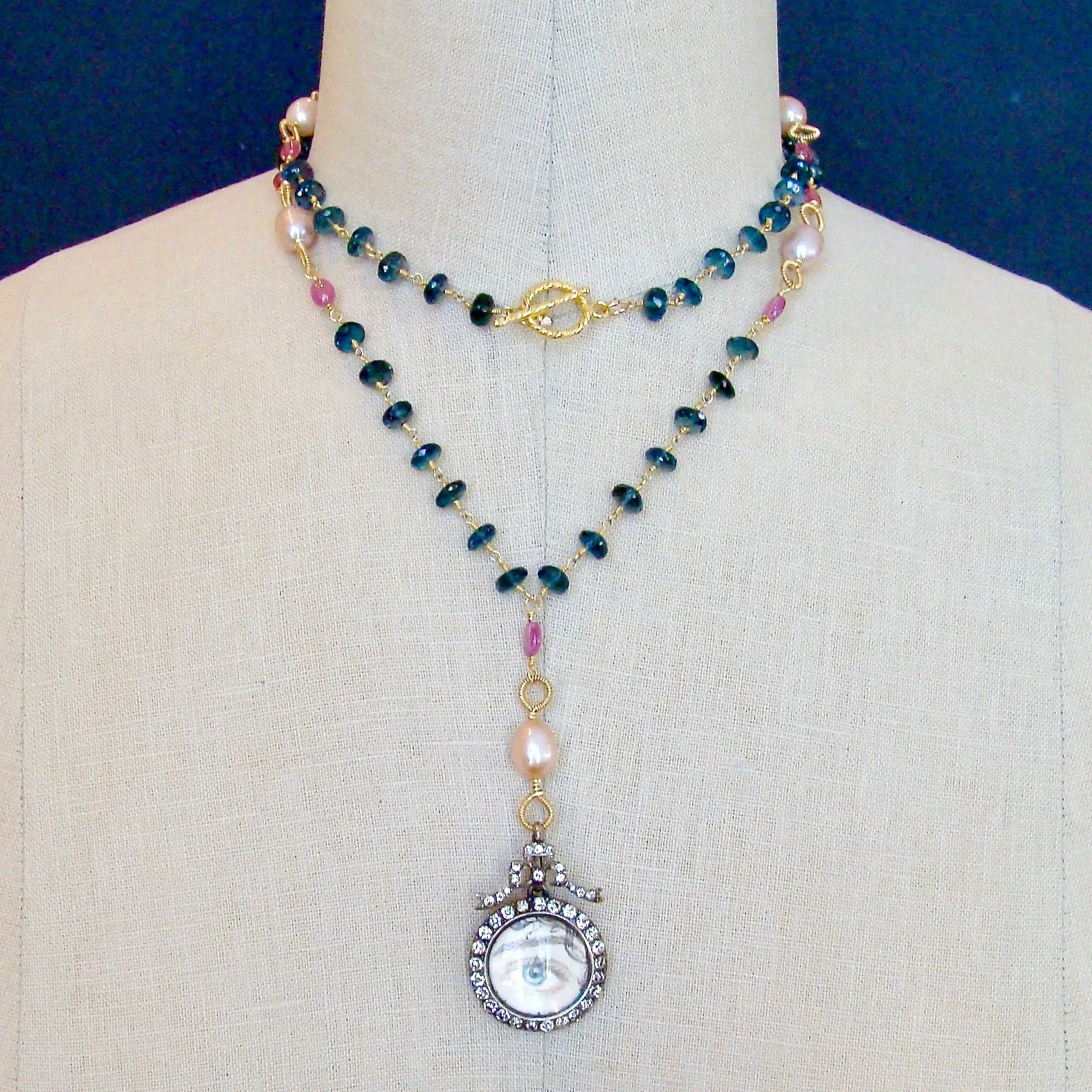 London Blue Topaz Pink Sapphire Lover’s Eye Necklace - Veronica Necklace