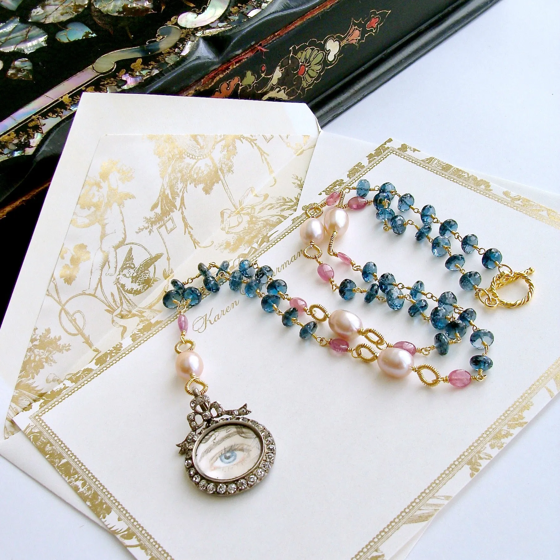 London Blue Topaz Pink Sapphire Lover’s Eye Necklace - Veronica Necklace