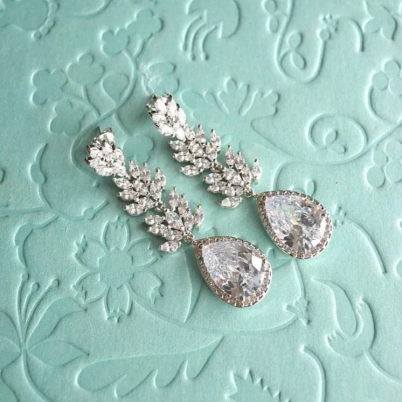 Long Crystal Teardrop Wedding Earrings. Cubic Zirconia Leaf Bridal Earrings. Long Dangle Drop Statement Chandelier Earrings. Wedding Jewelry