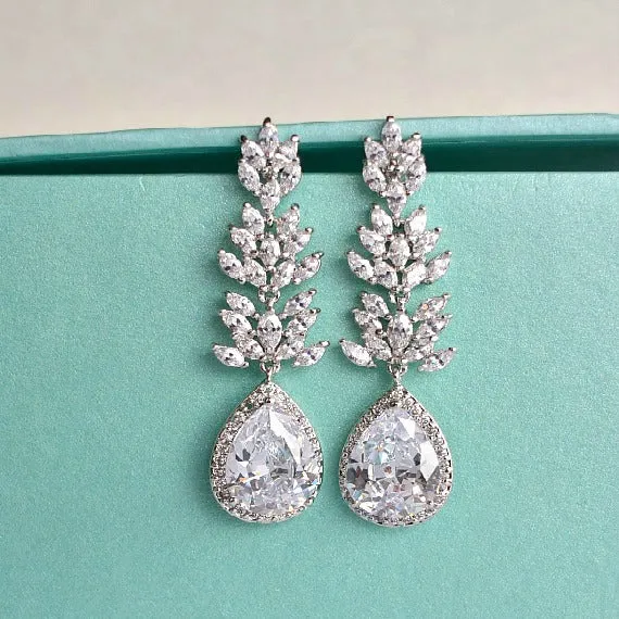 Long Crystal Teardrop Wedding Earrings. Cubic Zirconia Leaf Bridal Earrings. Long Dangle Drop Statement Chandelier Earrings. Wedding Jewelry