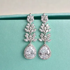 Long Crystal Teardrop Wedding Earrings. Cubic Zirconia Leaf Bridal Earrings. Long Dangle Drop Statement Chandelier Earrings. Wedding Jewelry