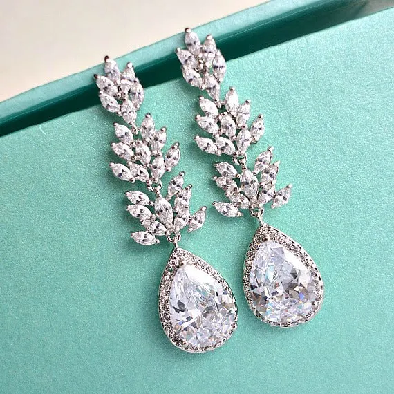 Long Crystal Teardrop Wedding Earrings. Cubic Zirconia Leaf Bridal Earrings. Long Dangle Drop Statement Chandelier Earrings. Wedding Jewelry