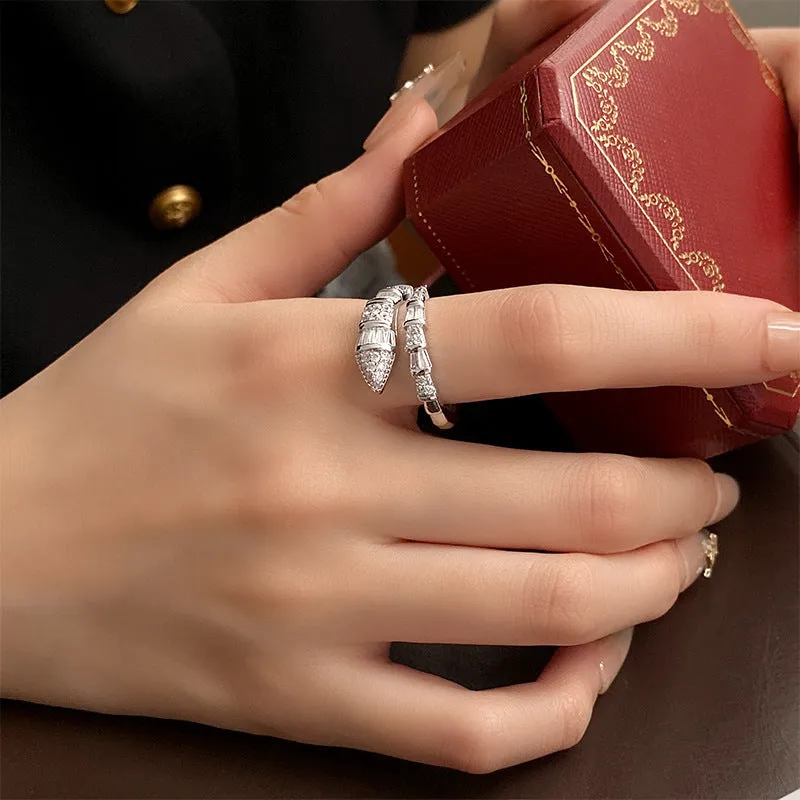 Luxury Zircon Snake Ring | Adjustable Crystal Statement Ring in Gold & Silver