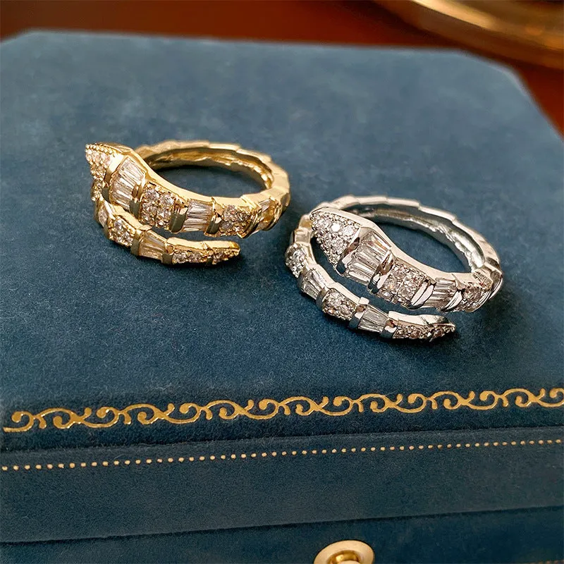 Luxury Zircon Snake Ring | Adjustable Crystal Statement Ring in Gold & Silver