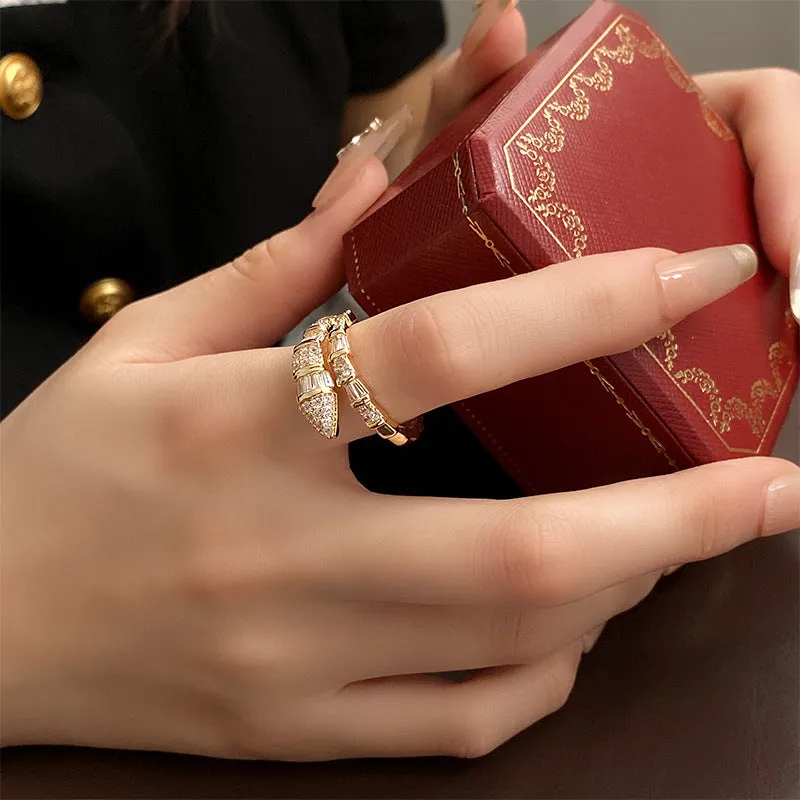 Luxury Zircon Snake Ring | Adjustable Crystal Statement Ring in Gold & Silver