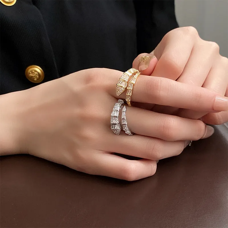 Luxury Zircon Snake Ring | Adjustable Crystal Statement Ring in Gold & Silver
