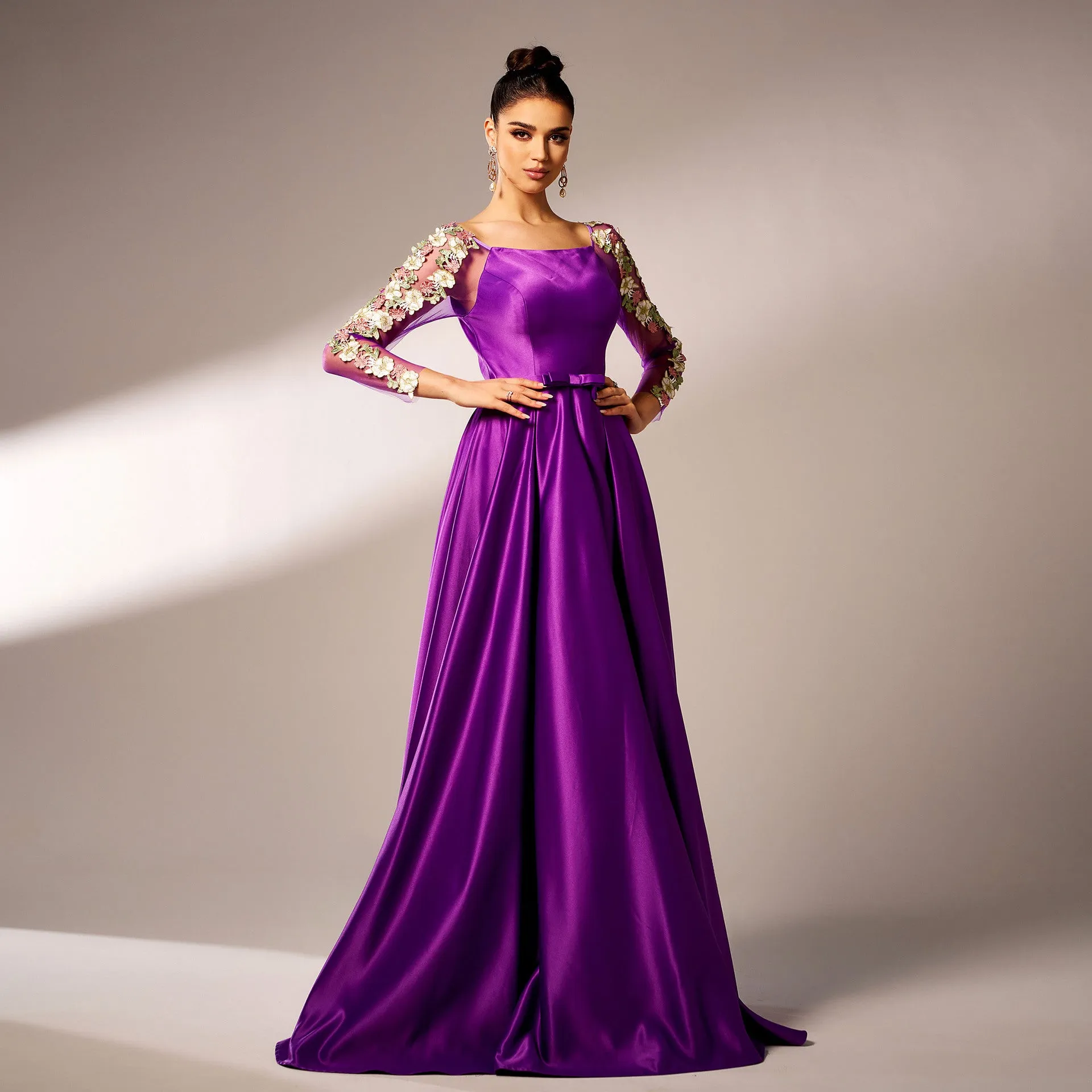 Majestic Long-Sleeve Square Neck Evening Gown with Floral Appliqué