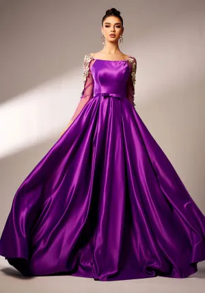 Majestic Long-Sleeve Square Neck Evening Gown with Floral Appliqué