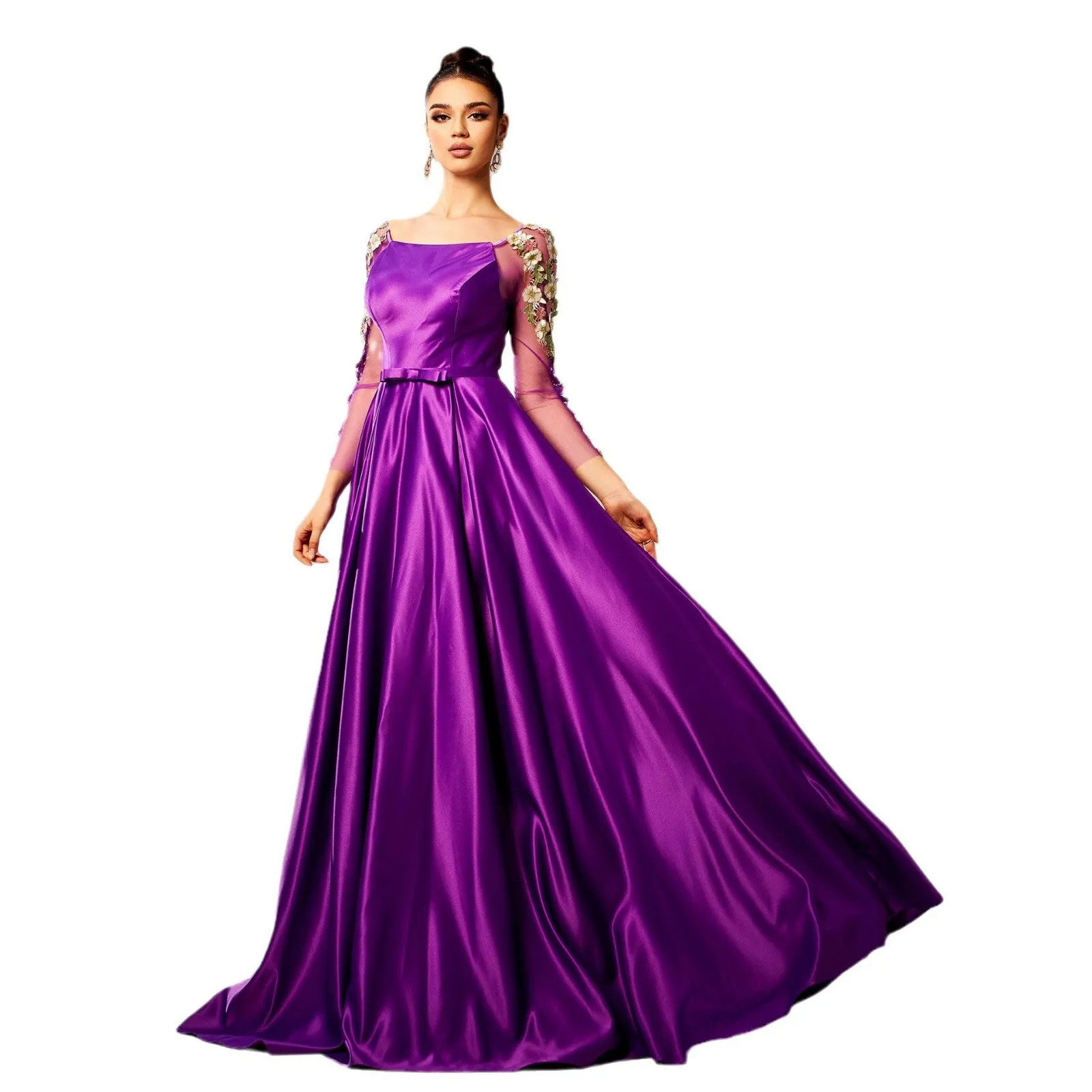 Majestic Long-Sleeve Square Neck Evening Gown with Floral Appliqué