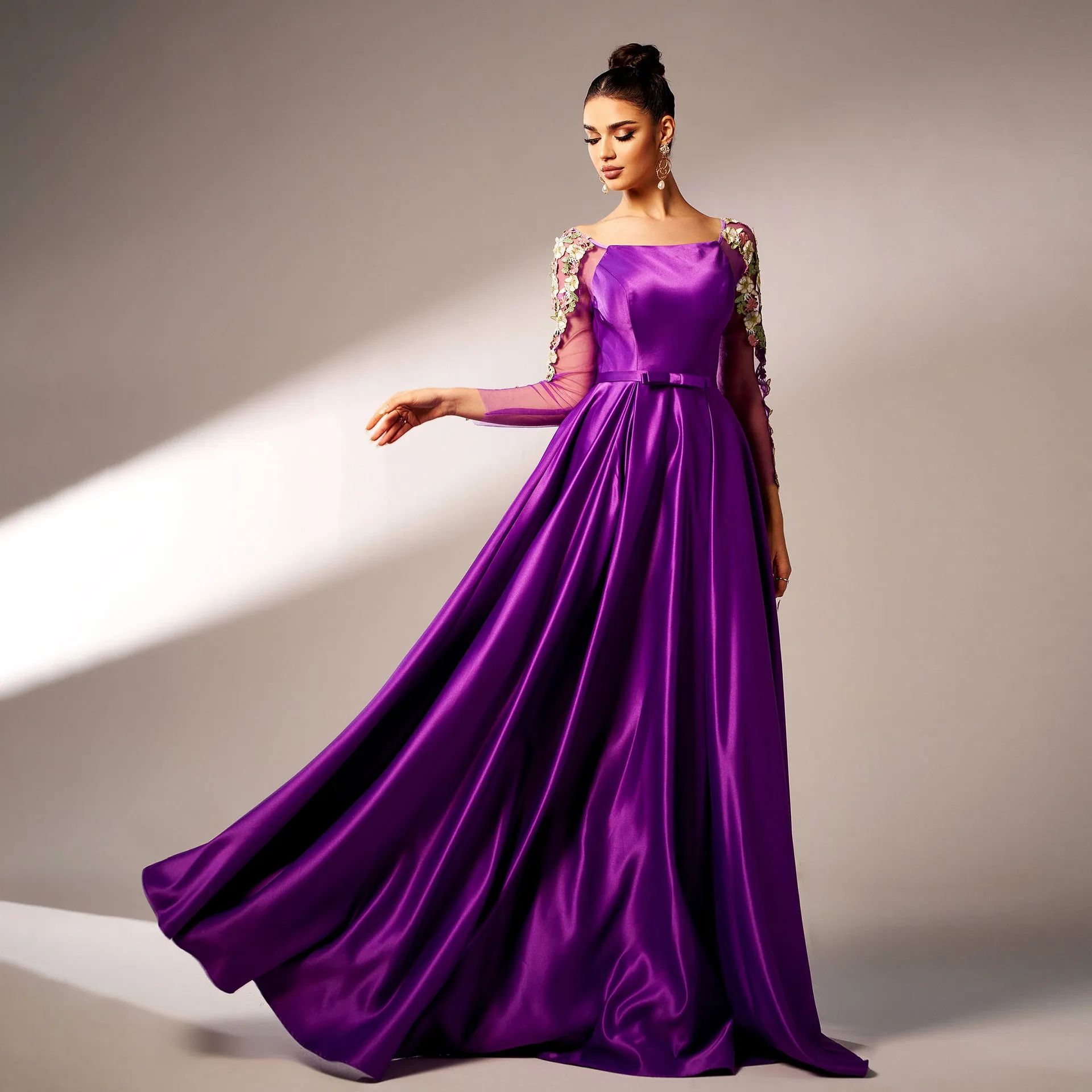 Majestic Long-Sleeve Square Neck Evening Gown with Floral Appliqué