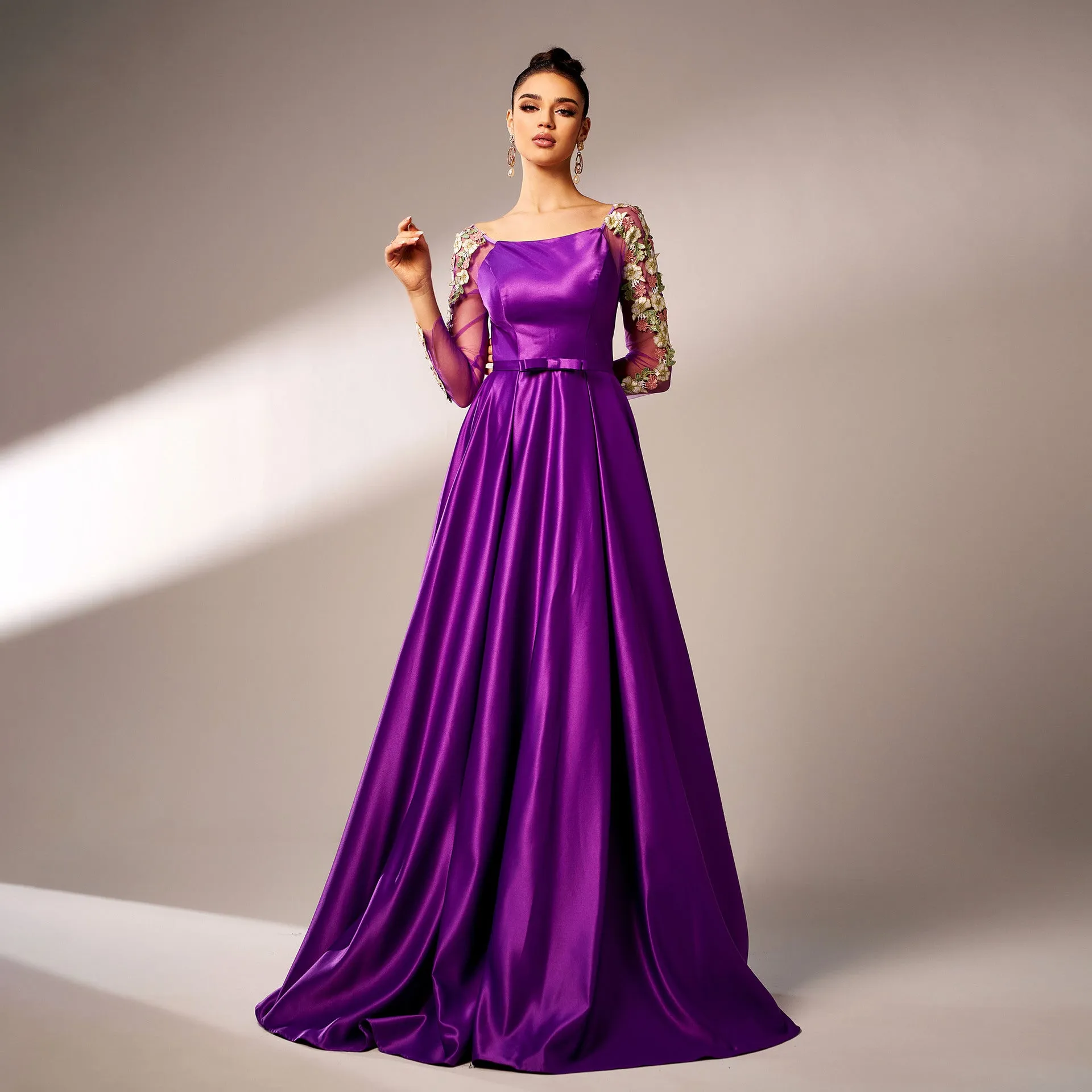 Majestic Long-Sleeve Square Neck Evening Gown with Floral Appliqué