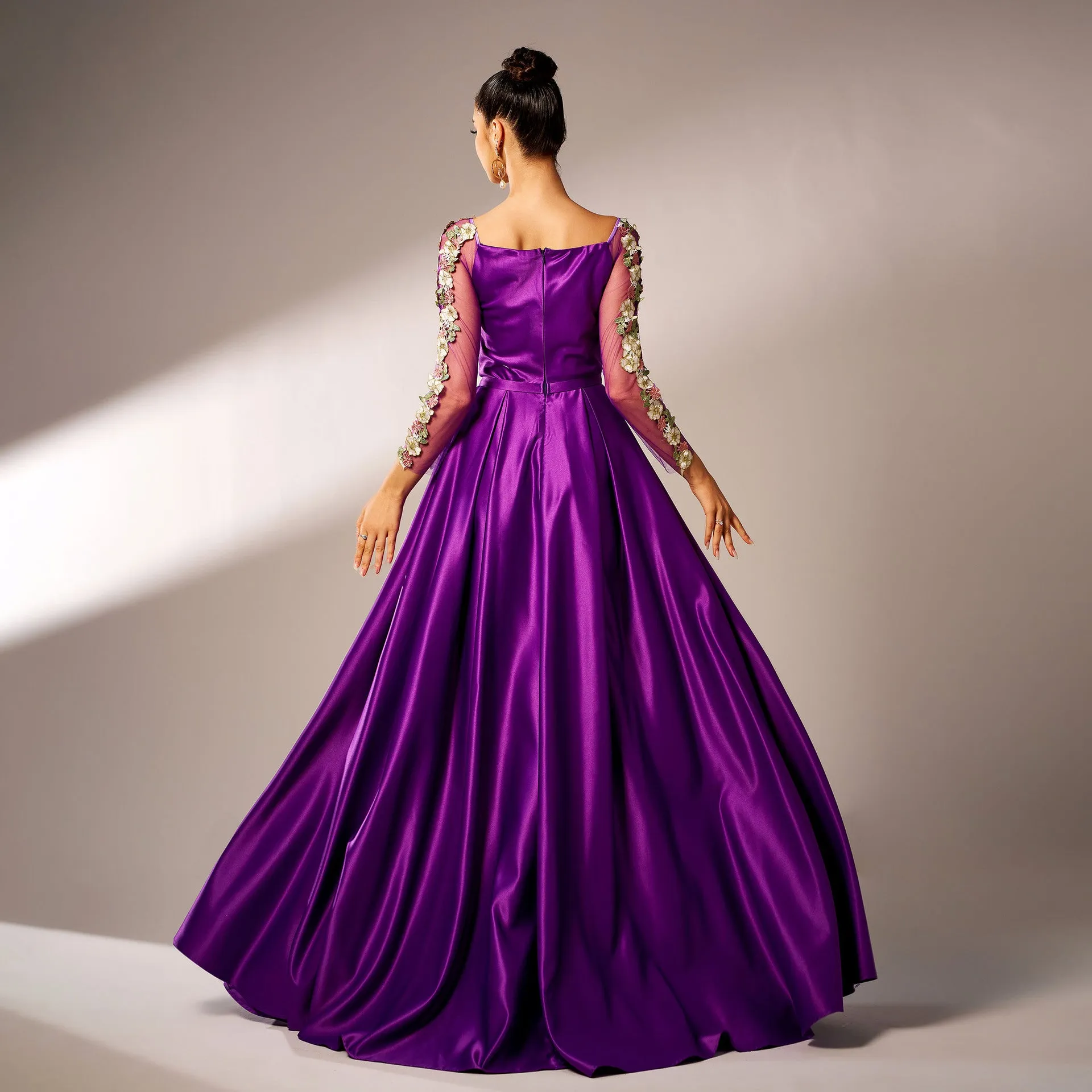 Majestic Long-Sleeve Square Neck Evening Gown with Floral Appliqué