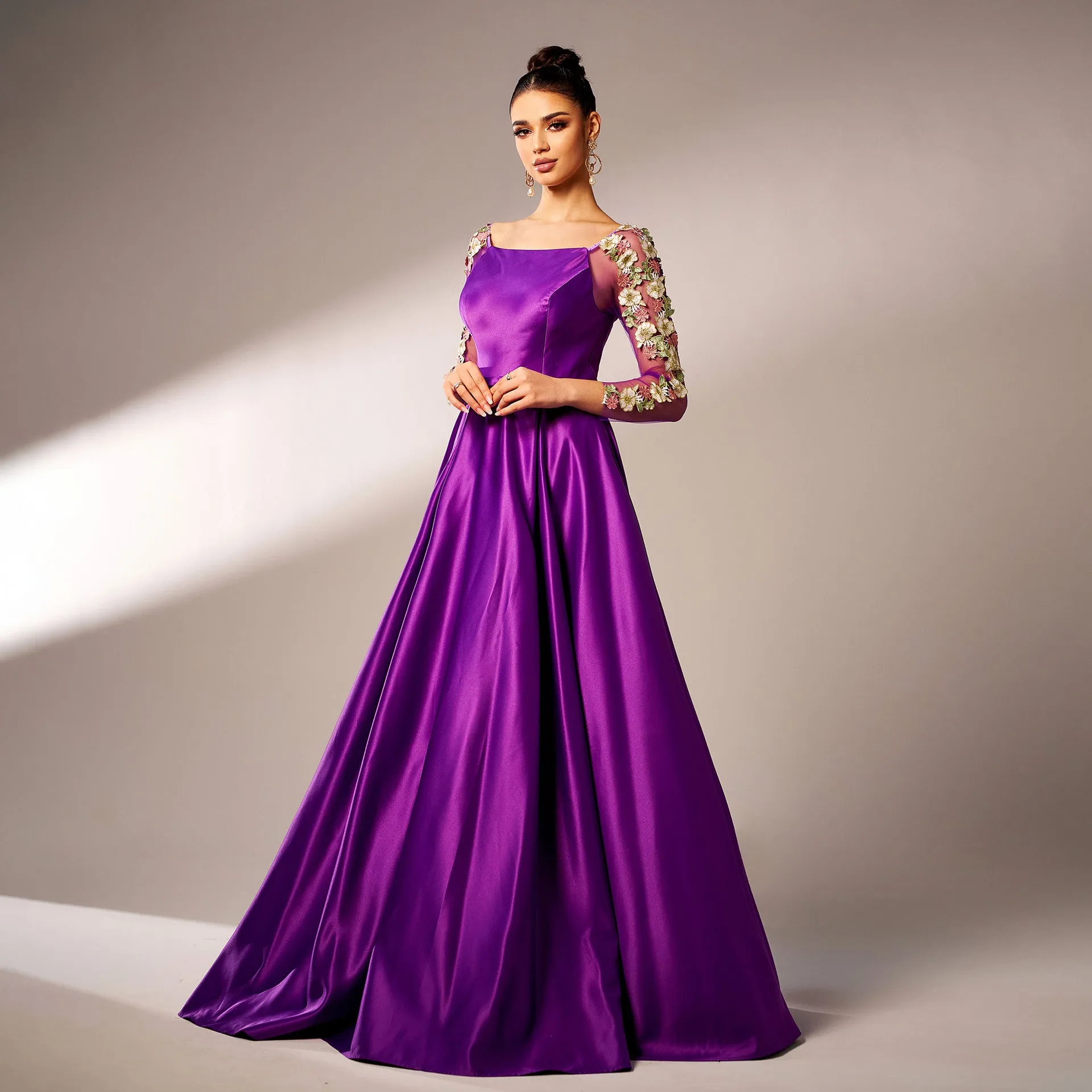 Majestic Long-Sleeve Square Neck Evening Gown with Floral Appliqué