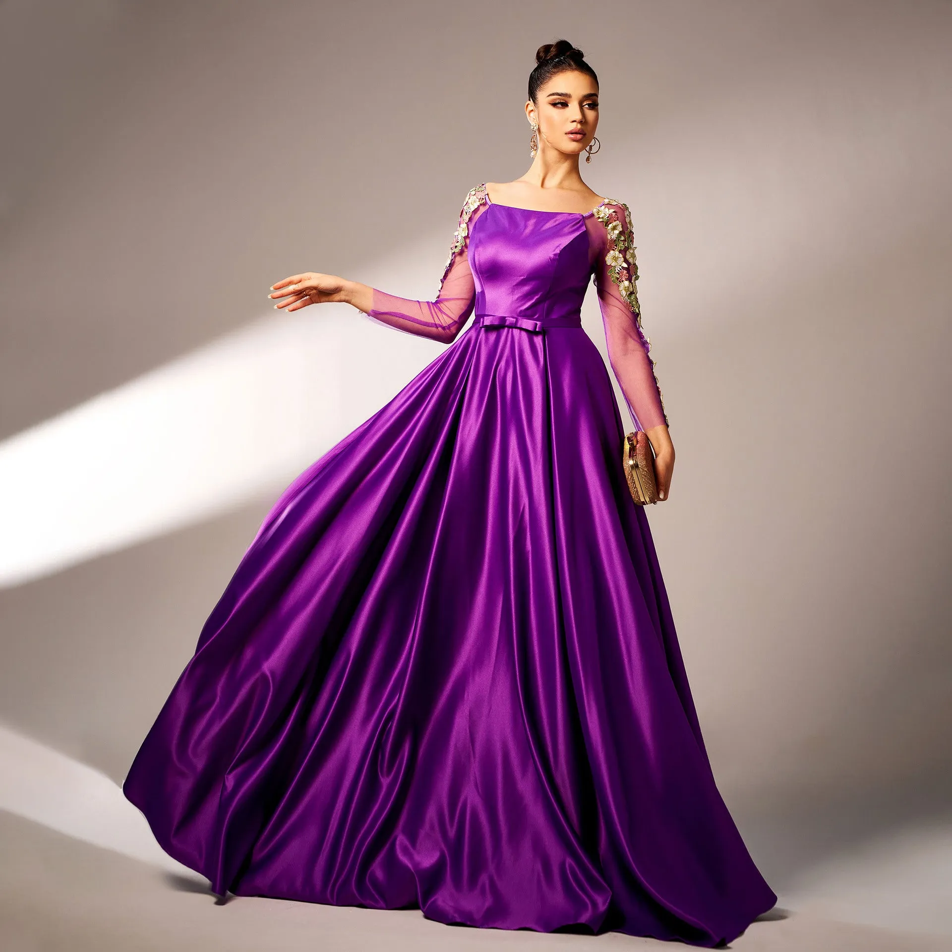 Majestic Long-Sleeve Square Neck Evening Gown with Floral Appliqué