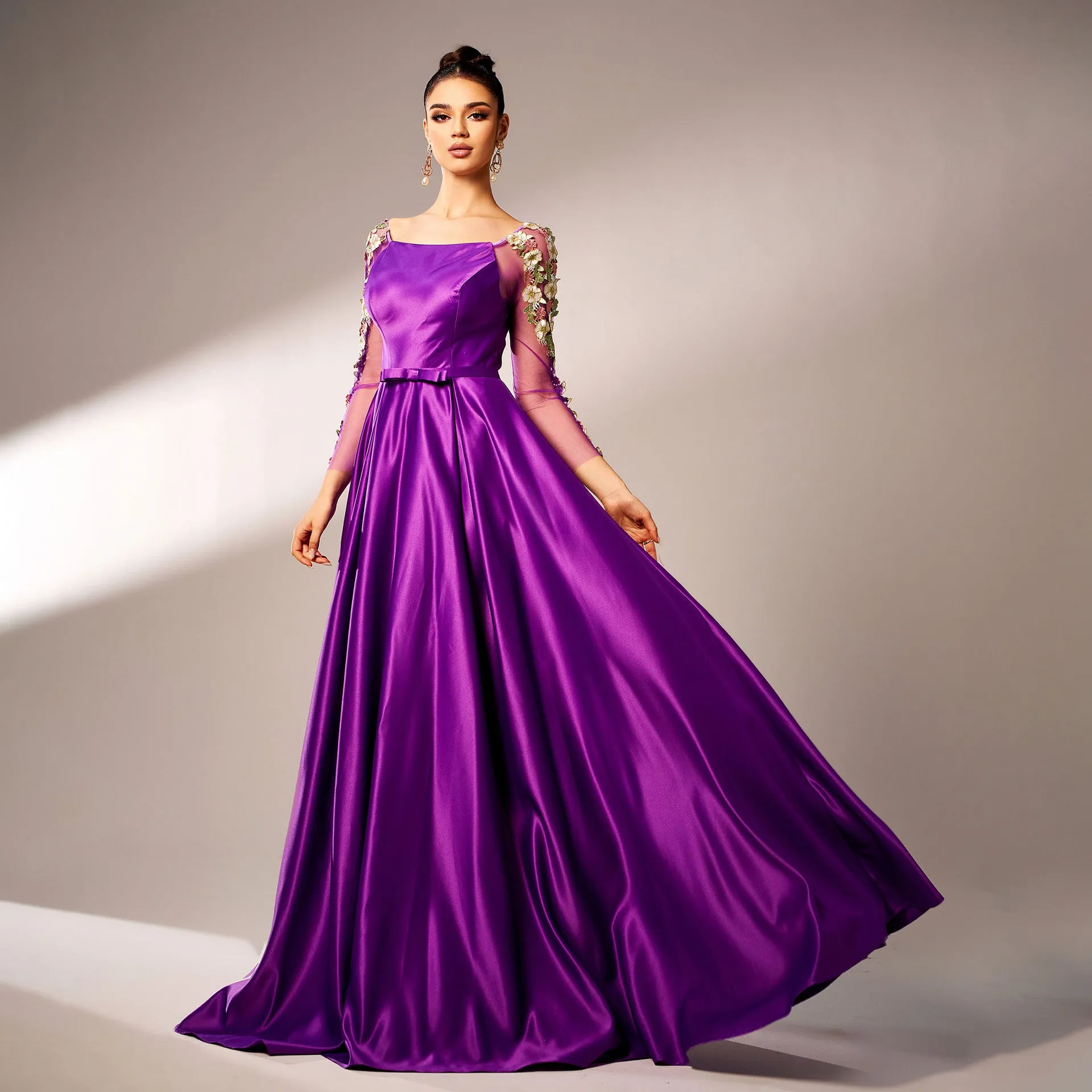 Majestic Long-Sleeve Square Neck Evening Gown with Floral Appliqué
