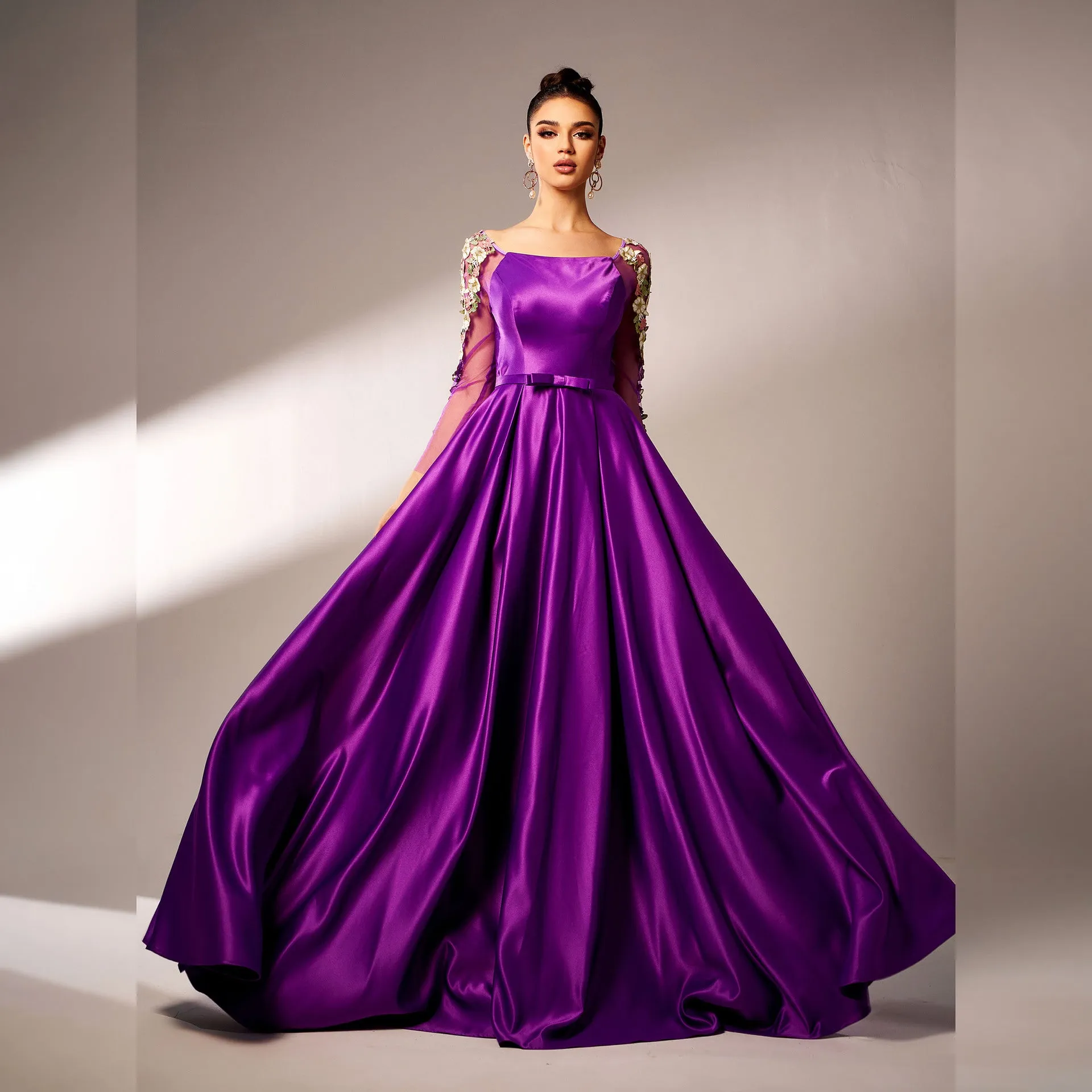 Majestic Long-Sleeve Square Neck Evening Gown with Floral Appliqué