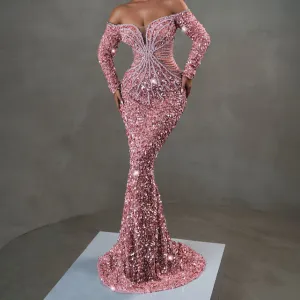 Marigold Long Sleeve Bardot Crystal Sequin Maxi Dress