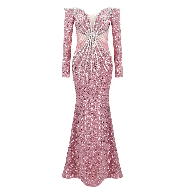 Marigold Long Sleeve Bardot Crystal Sequin Maxi Dress