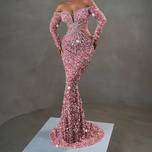 Marigold Long Sleeve Bardot Crystal Sequin Maxi Dress
