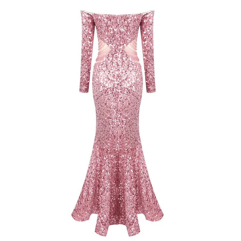 Marigold Long Sleeve Bardot Crystal Sequin Maxi Dress