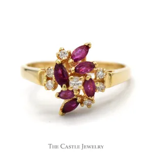 Marquise Cut Ruby and Round Diamond Cluster Ring in 14k Yellow Gold