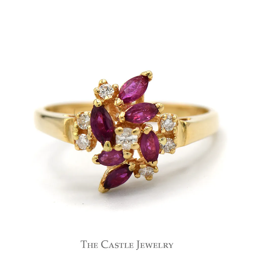 Marquise Cut Ruby and Round Diamond Cluster Ring in 14k Yellow Gold