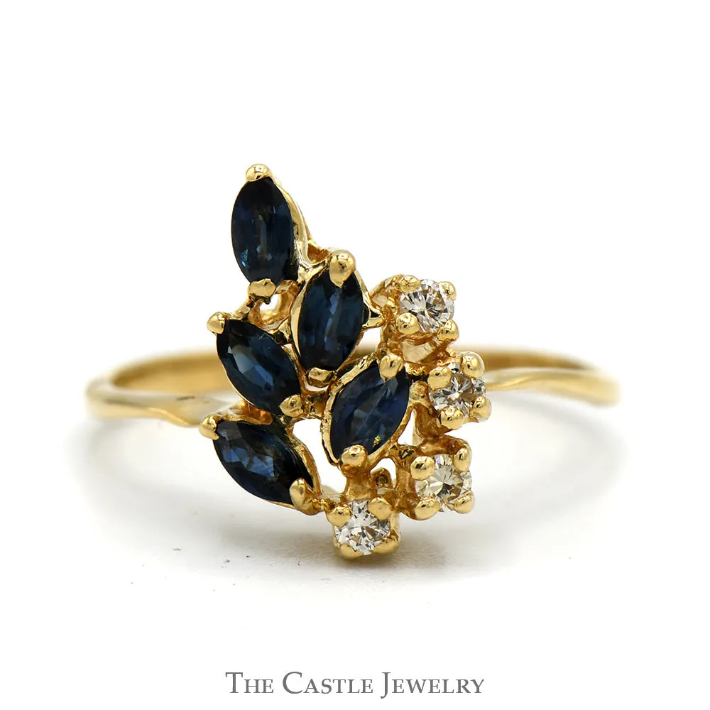 Marquise Cut Sapphire & Round Diamond Cluster Ring in 14k Yellow Gold