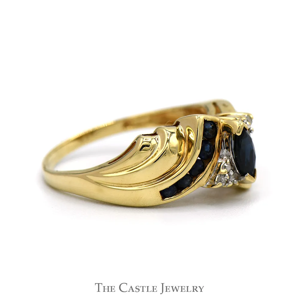 Marquise Cut Sapphire Ring with Diamond Cluster and Sapphire Accents in 10k Yellow Gold