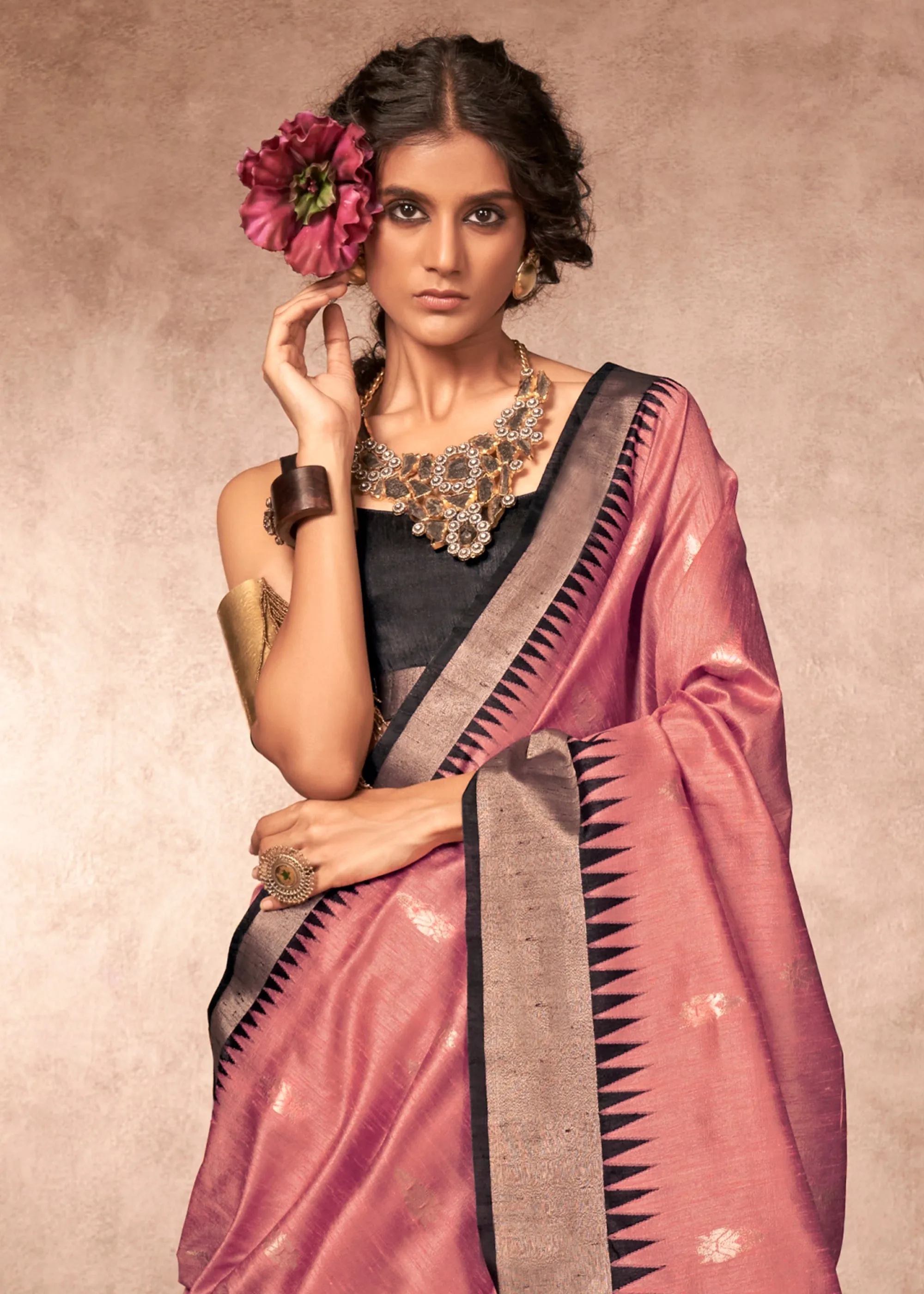 Mauve Pink Woven Banarasi Silk Saree With Contrast Border