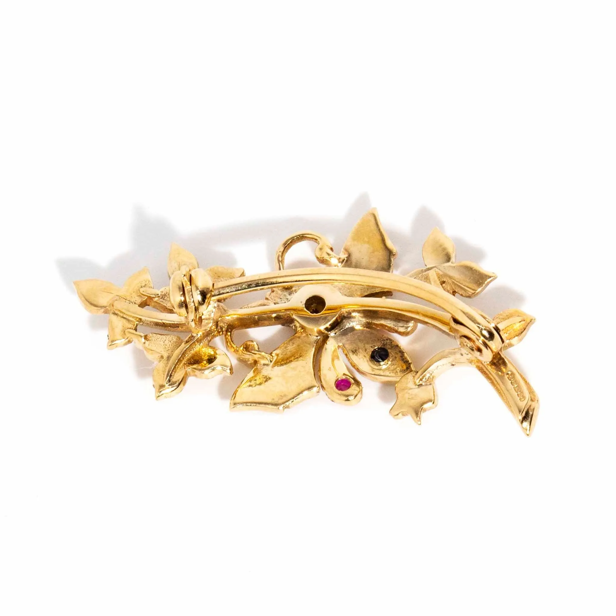 Mira 1987 Sapphire Ruby Seed Pearl Butterfly Brooch 9ct Gold