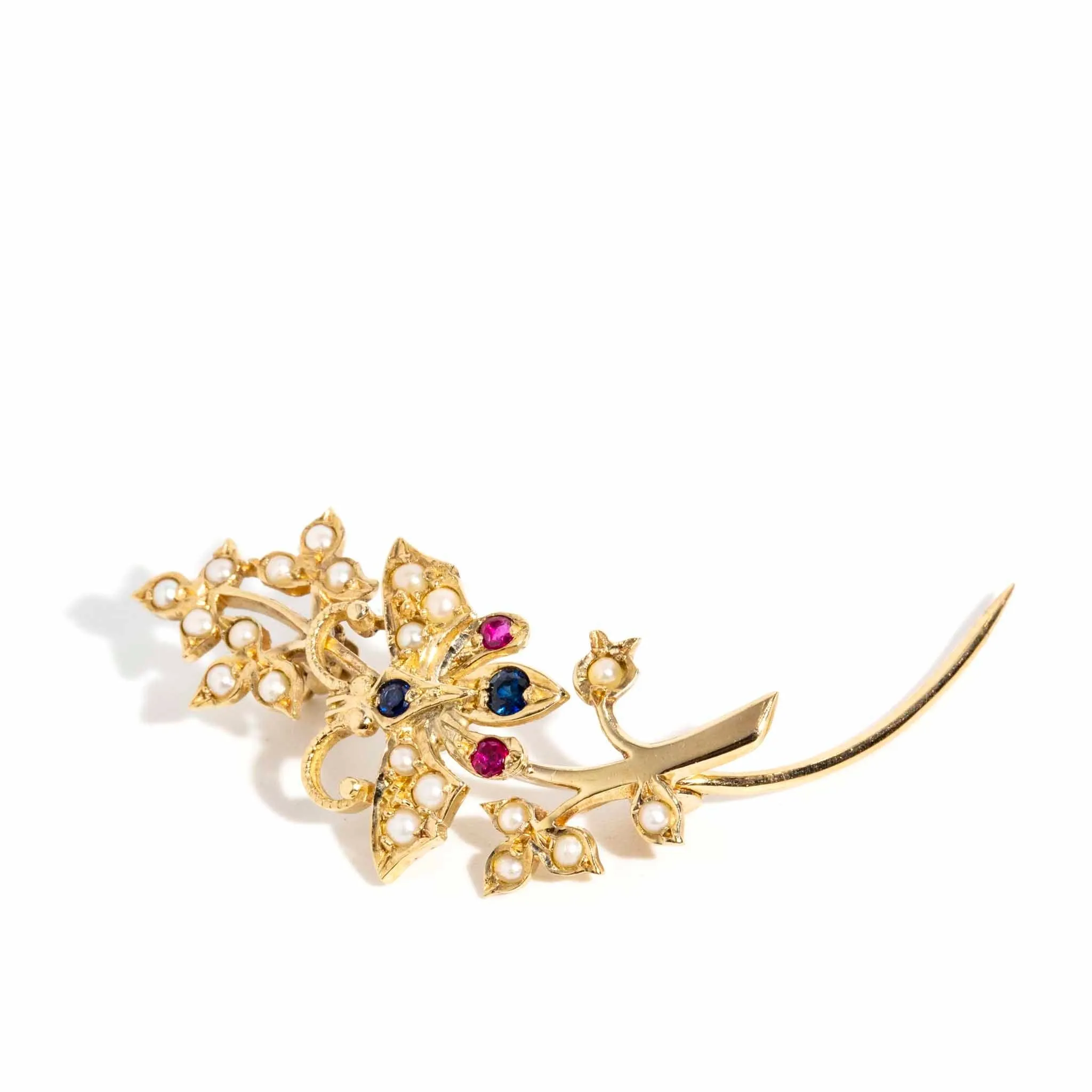 Mira 1987 Sapphire Ruby Seed Pearl Butterfly Brooch 9ct Gold