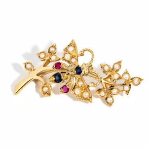 Mira 1987 Sapphire Ruby Seed Pearl Butterfly Brooch 9ct Gold