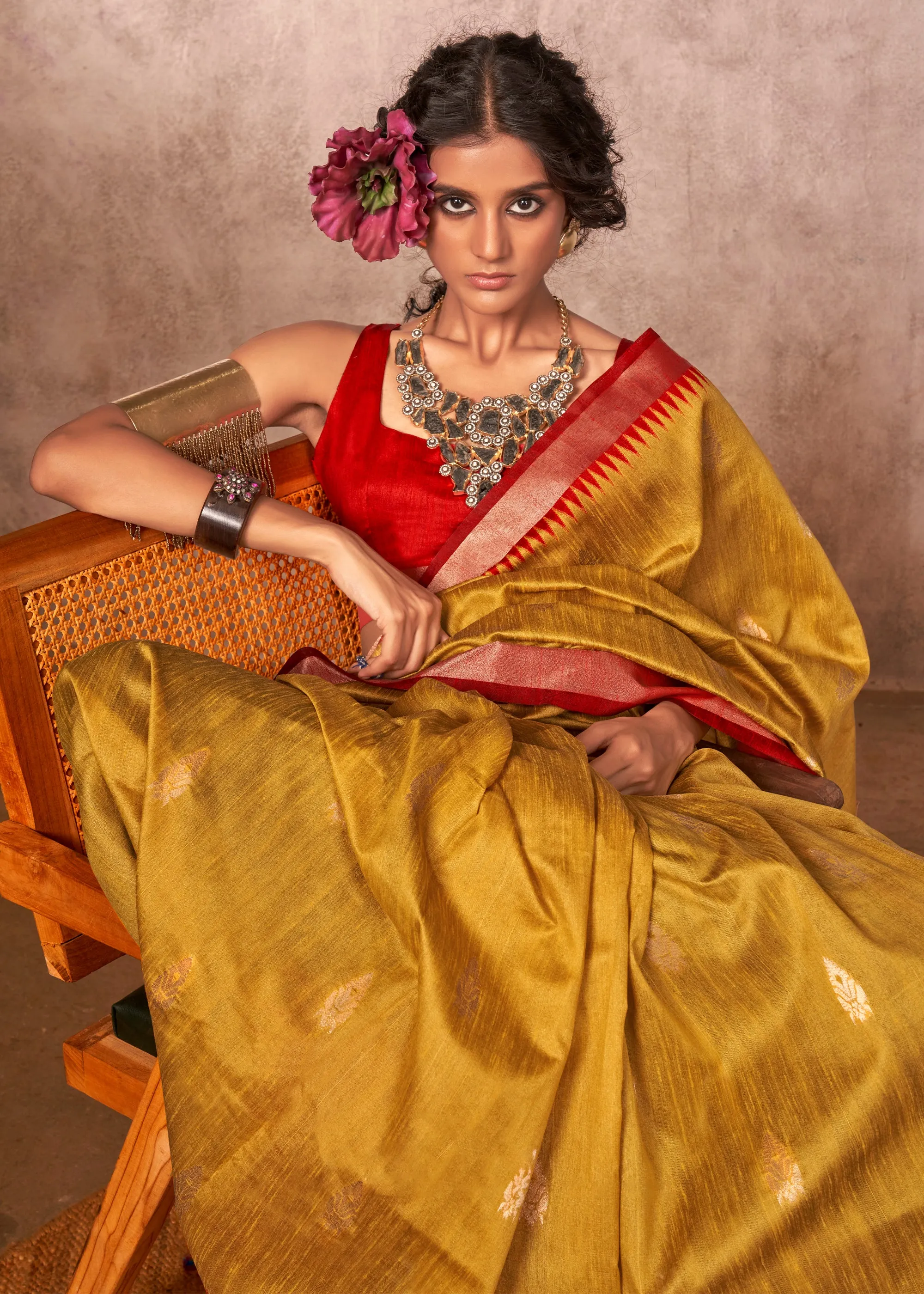 Misted Yellow Woven Banarasi Silk Saree With Contrast Border