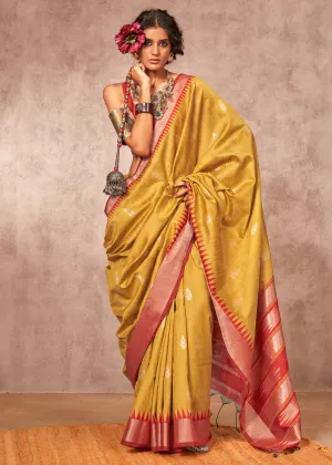 Misted Yellow Woven Banarasi Silk Saree With Contrast Border