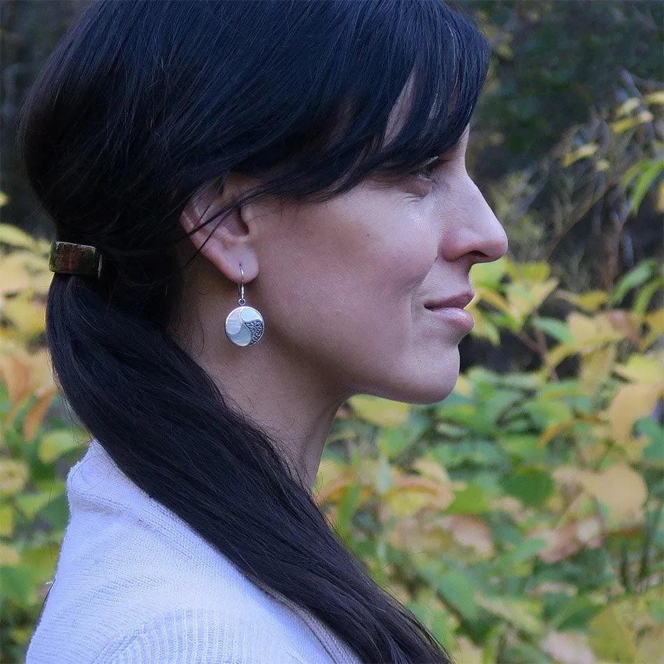 Mother-of-Pearl Filigree Earrings - Brass, Indonesia