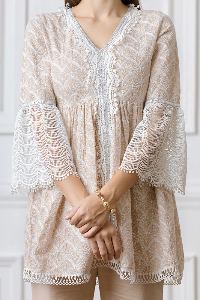 Mulmul Hazel Beige Top With Hazel Bellbottoms