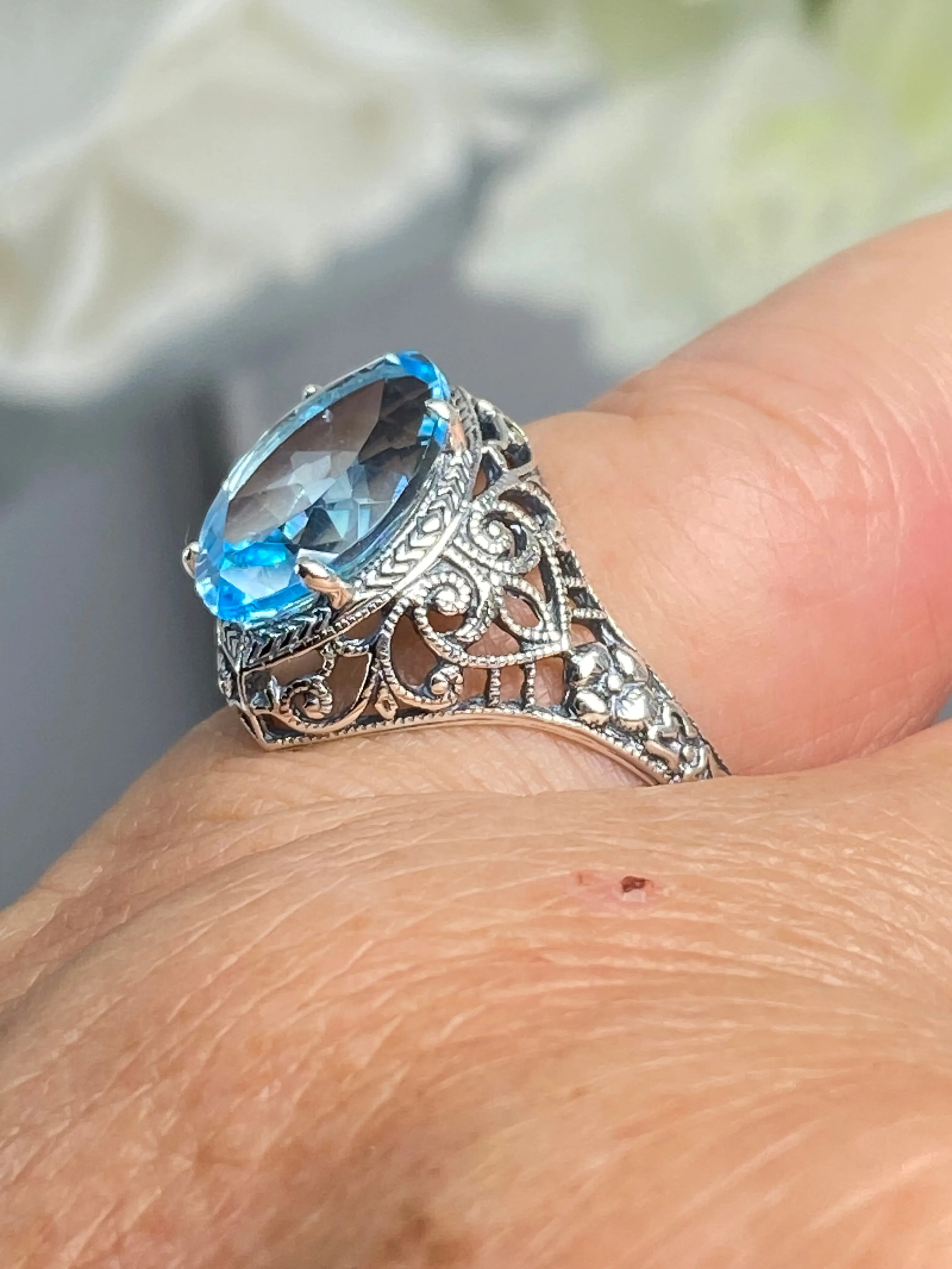 Natural Blue Topaz Ring, Marquise Cut Gemstone, Art Deco Filigree Jewelry #D201