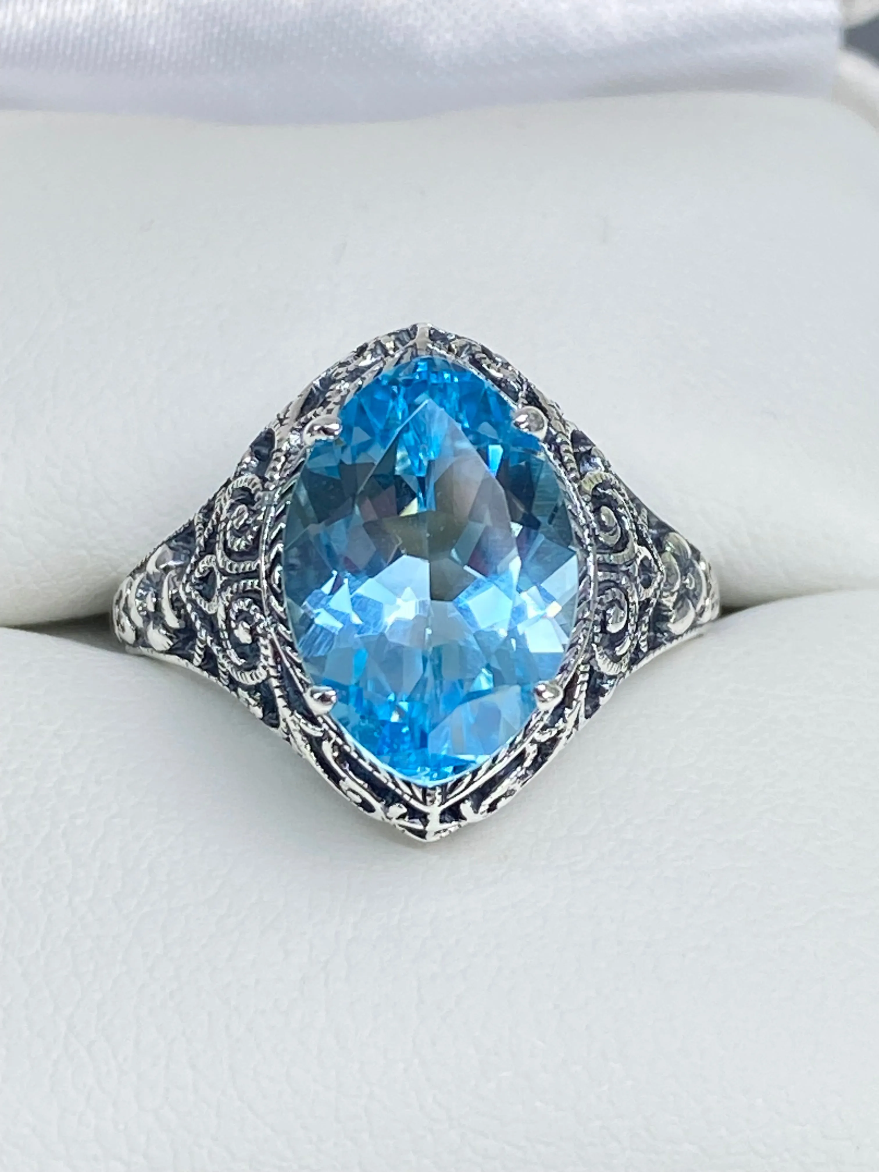 Natural Blue Topaz Ring, Marquise Cut Gemstone, Art Deco Filigree Jewelry #D201