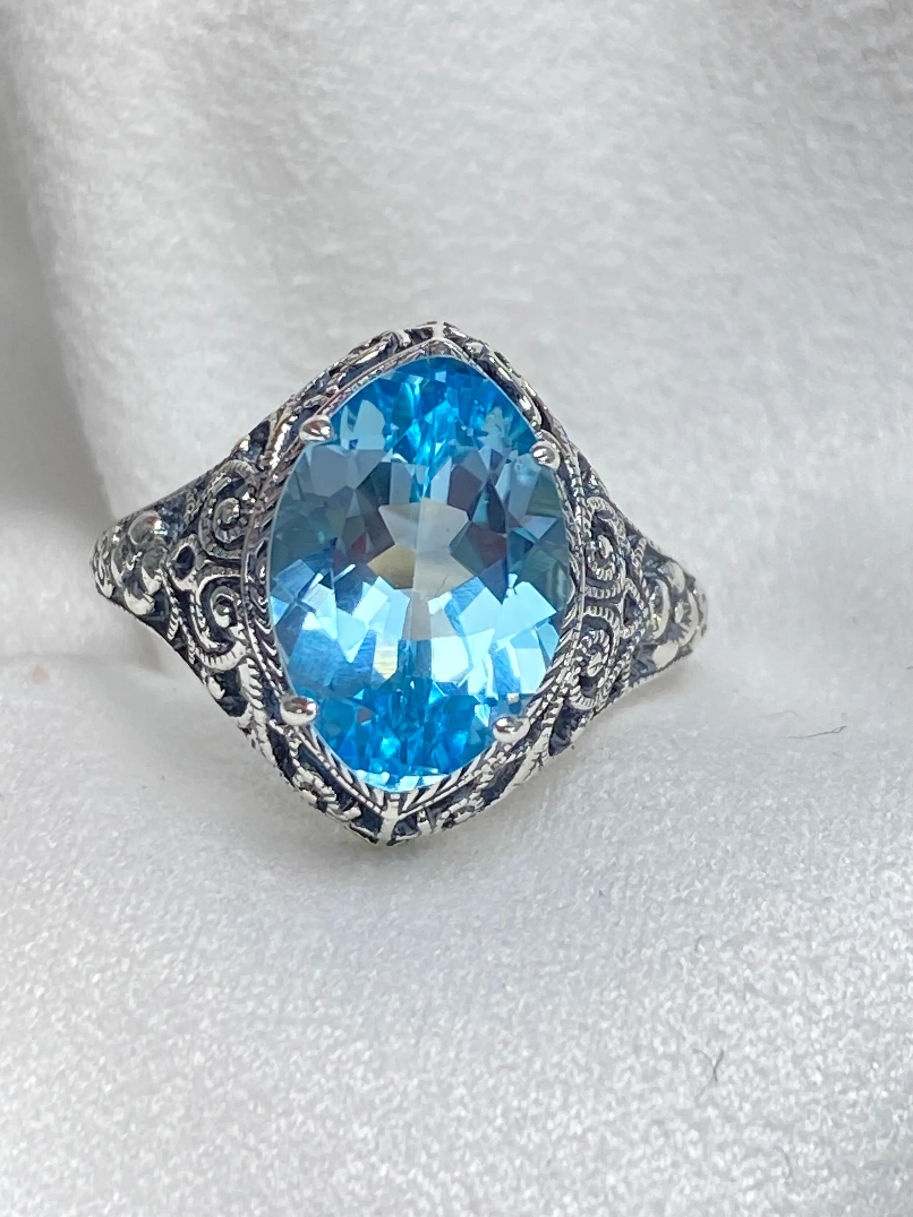 Natural Blue Topaz Ring, Marquise Cut Gemstone, Art Deco Filigree Jewelry #D201
