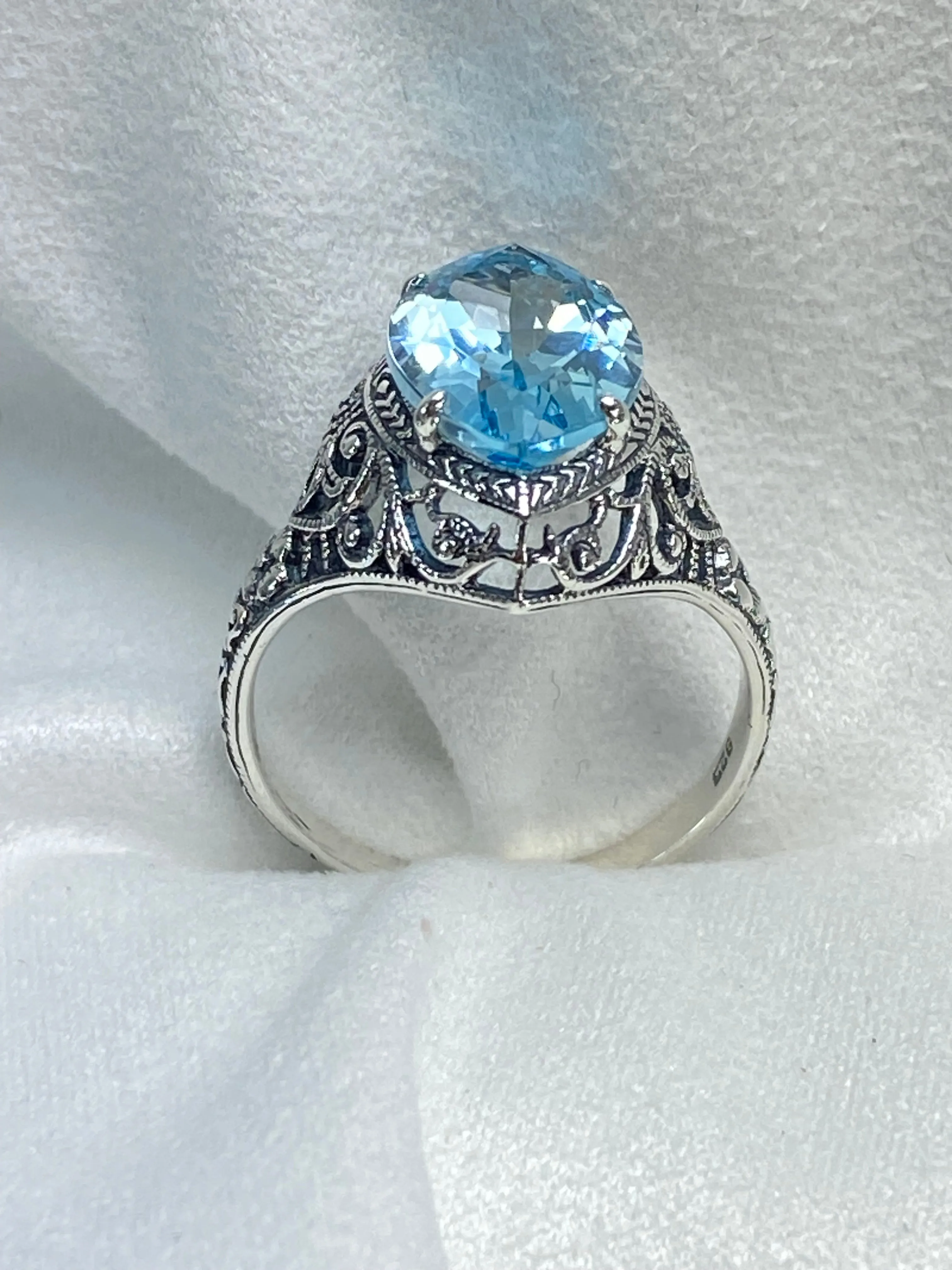 Natural Blue Topaz Ring, Marquise Cut Gemstone, Art Deco Filigree Jewelry #D201
