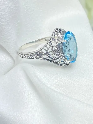 Natural Blue Topaz Ring, Marquise Cut Gemstone, Art Deco Filigree Jewelry #D201